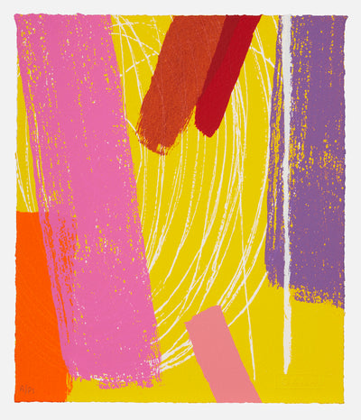 Abstract screenprint with yellow background and vertical brushstrokes in pinks, purple and reds.