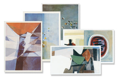 A set of 5 postcards featuring images of abstract paintings in blue and green tones