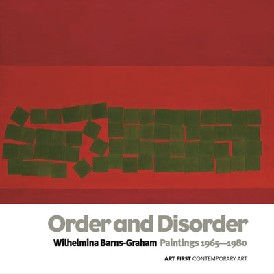 Leaflet with an image of a red and green abstract painting with titles below
