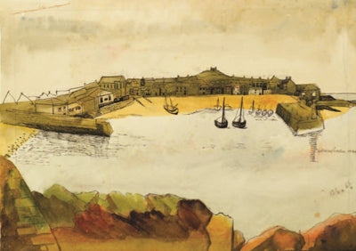 A book cover with an image of a watercolour of St Ives harbour in yellows and greens