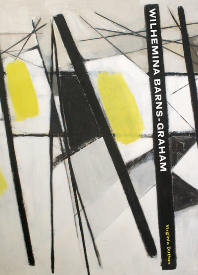 Book cover with detail of a painting with white background with black irregular grid and areas of black and yellow with vertical titles