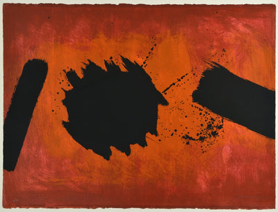 A screenprint with red-brown and orange background and black brushstrokes