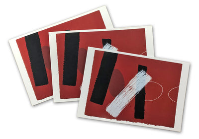 3 CARDS WITH RED ABSTRACT ARTWORK