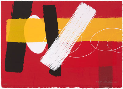 A screenprint with a red background and brushstrokes and shapes in white, black and yellow.