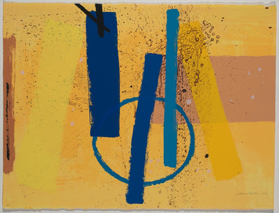 A screenprint with pale orange background and vertical brushstrokes in yellows and blues with turquoise outline of a circle and paint spatter effect