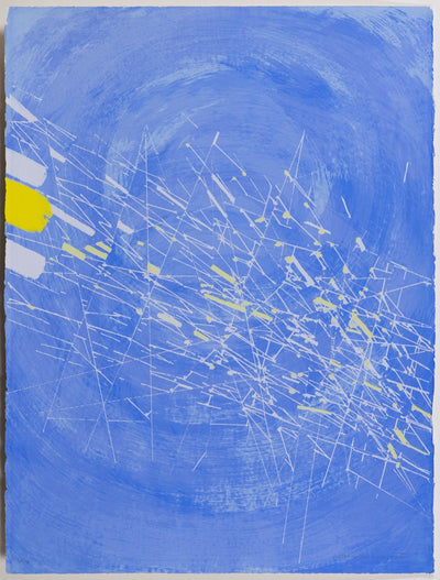 A screenprint with blue background and thin white diagonal lines criss crossing in many directions