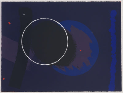 Screenprint with background of dark blue with shapes and brushstrokes in blues and black with white outlines of circle centre left