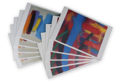 Two fans of 5 cards featuring images of abstract paintings